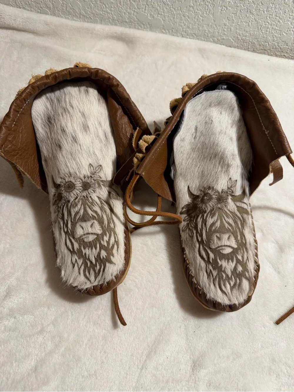 Brown Faux Fur Moccasin Boots with Highland Cow Design